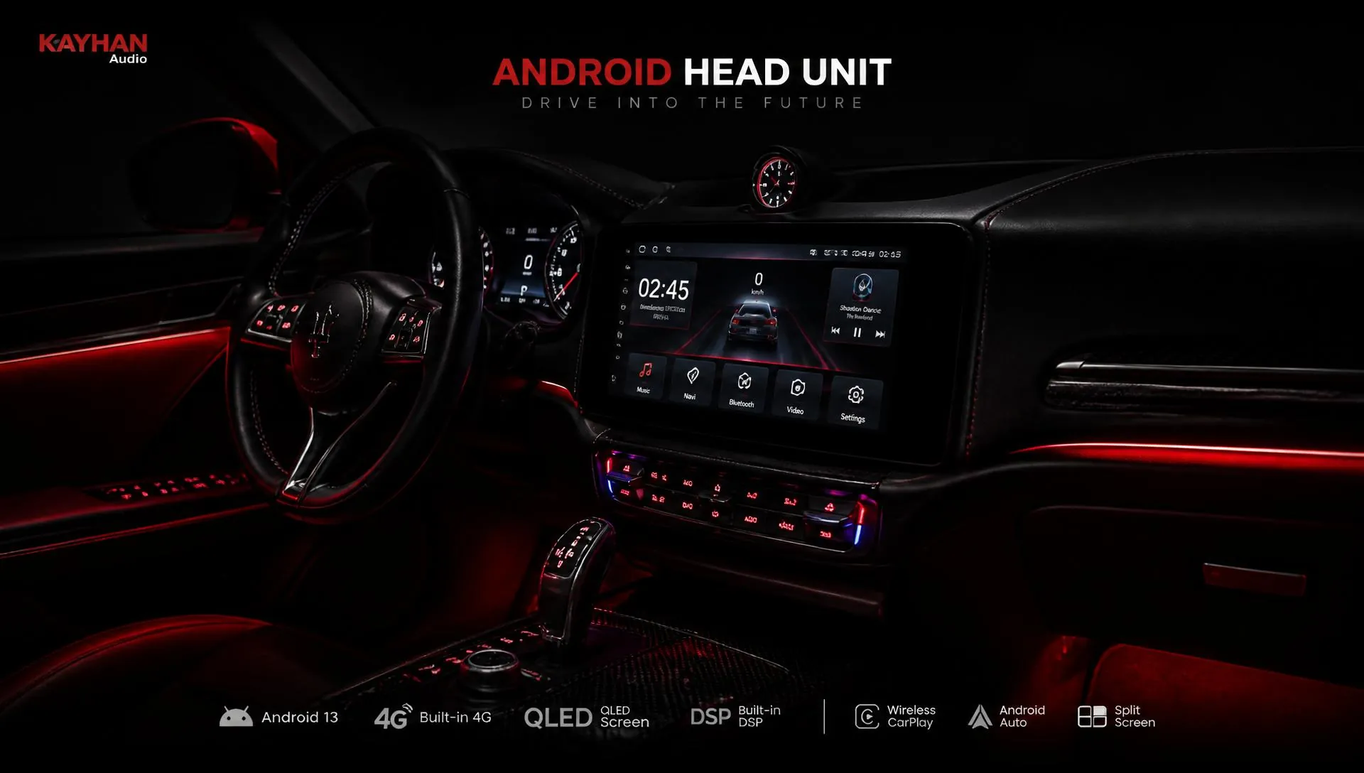 Interior mobil premium dengan head unit Android dan ambient light merah